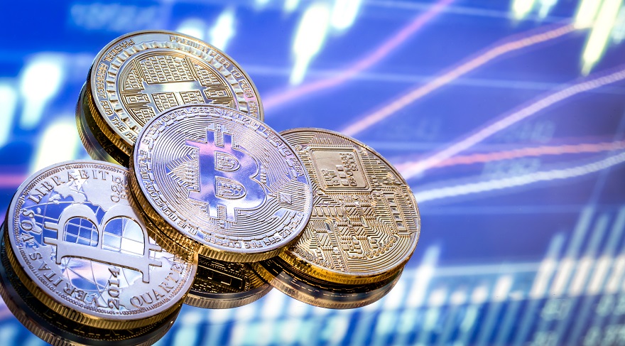 Bitcoin is a new concept of virtual money, the graphics and digital background. Coins with the image of the letter B.